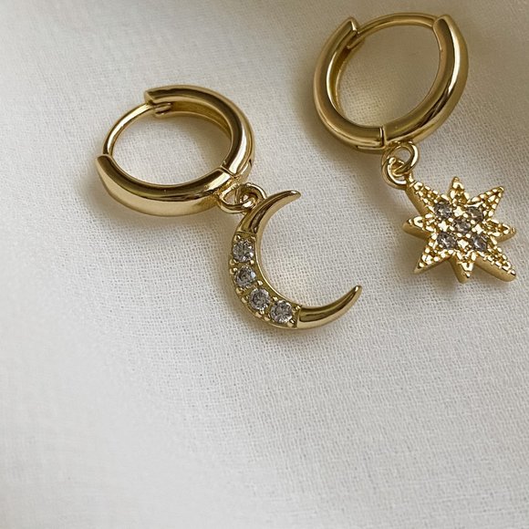 Gold S925 Northern Star Moon Huggie Hoop Earrings - Picture 3 of 9